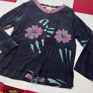 Asian creations Blue purple button up tropical SHIRT beaded round neck WOMENS Lg